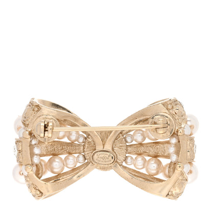 Chanel Metal Crystal Pearl CC Bow Brooch Gold 3 of 5