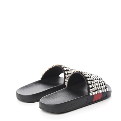 Gucci Calfskin Crystal Embellished Web Slide Sandals 37 Blue Red 4 of 8