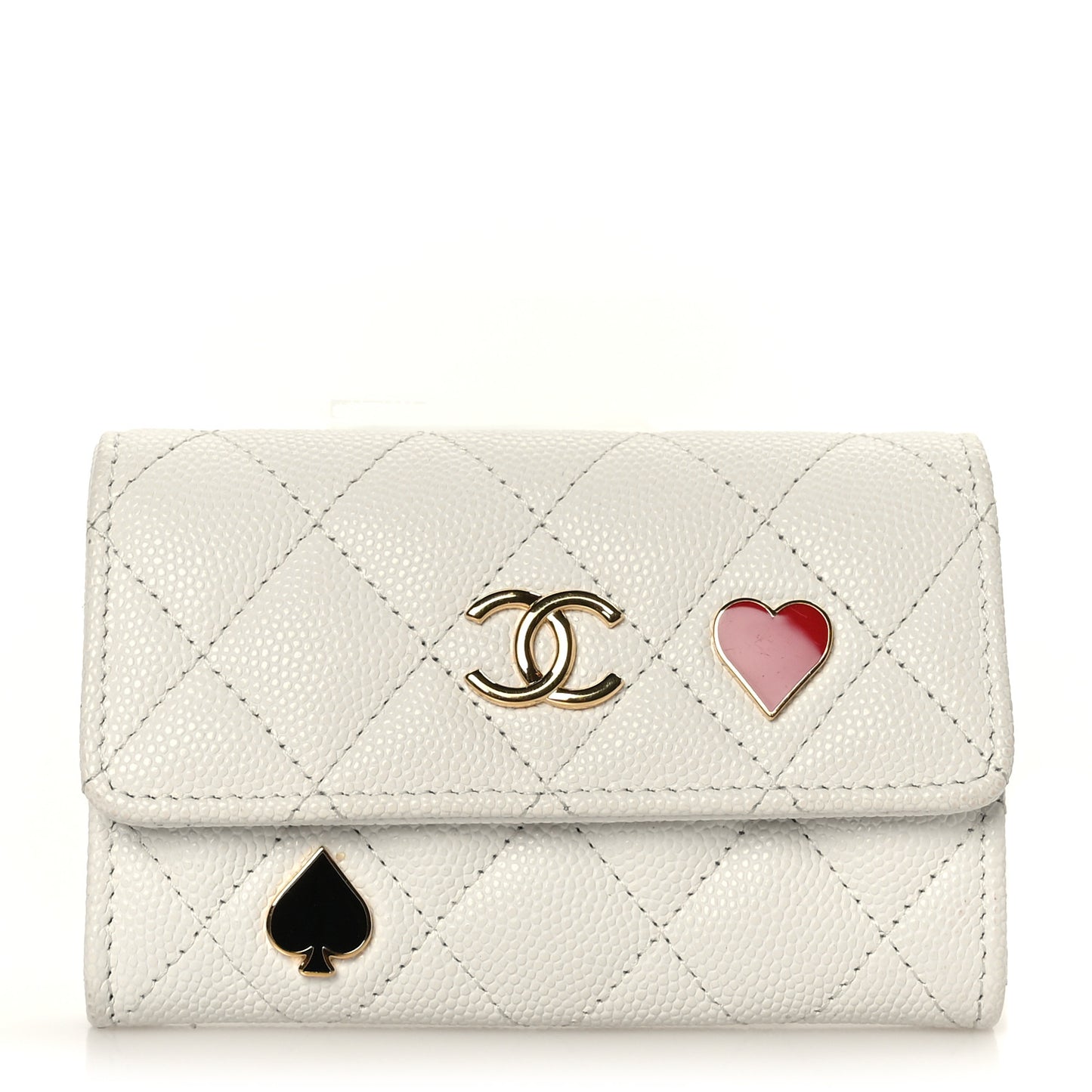 Caviar Quilted Enamel Coco Casino Flap Card Holder Wallet White