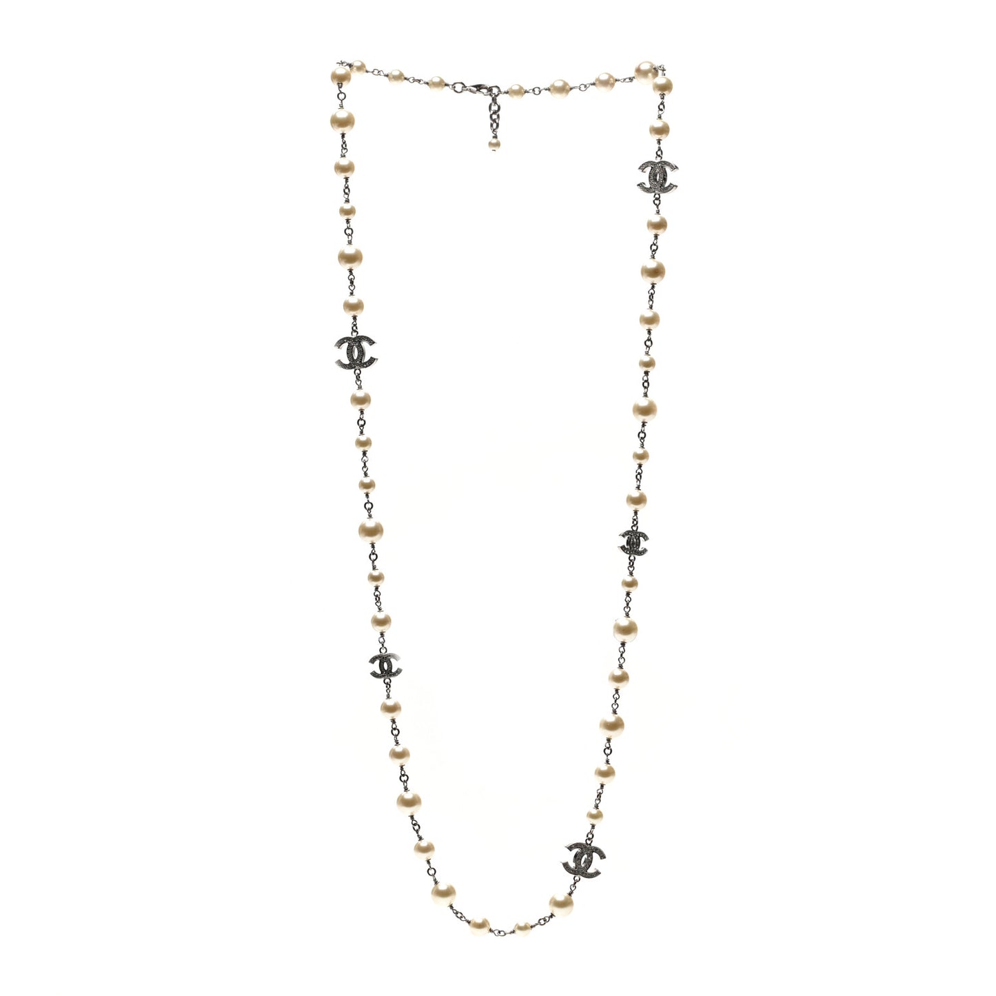 Graduated Pearl Crystal CC Long Necklace Silver