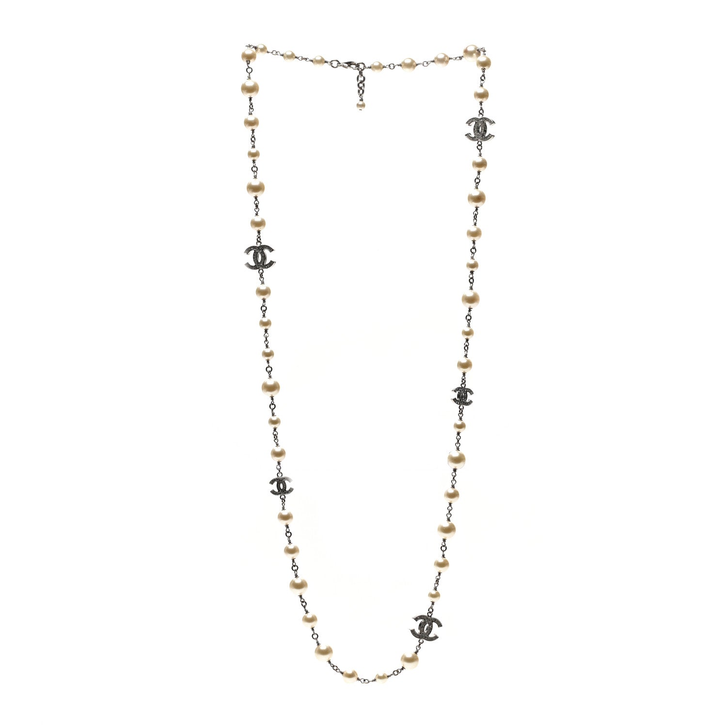 Chanel Graduated Pearl Crystal CC Long Necklace Silver 3 of 5