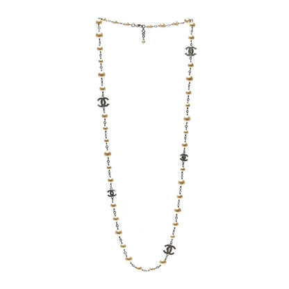Chanel Graduated Pearl Crystal CC Long Necklace Silver 3 of 5