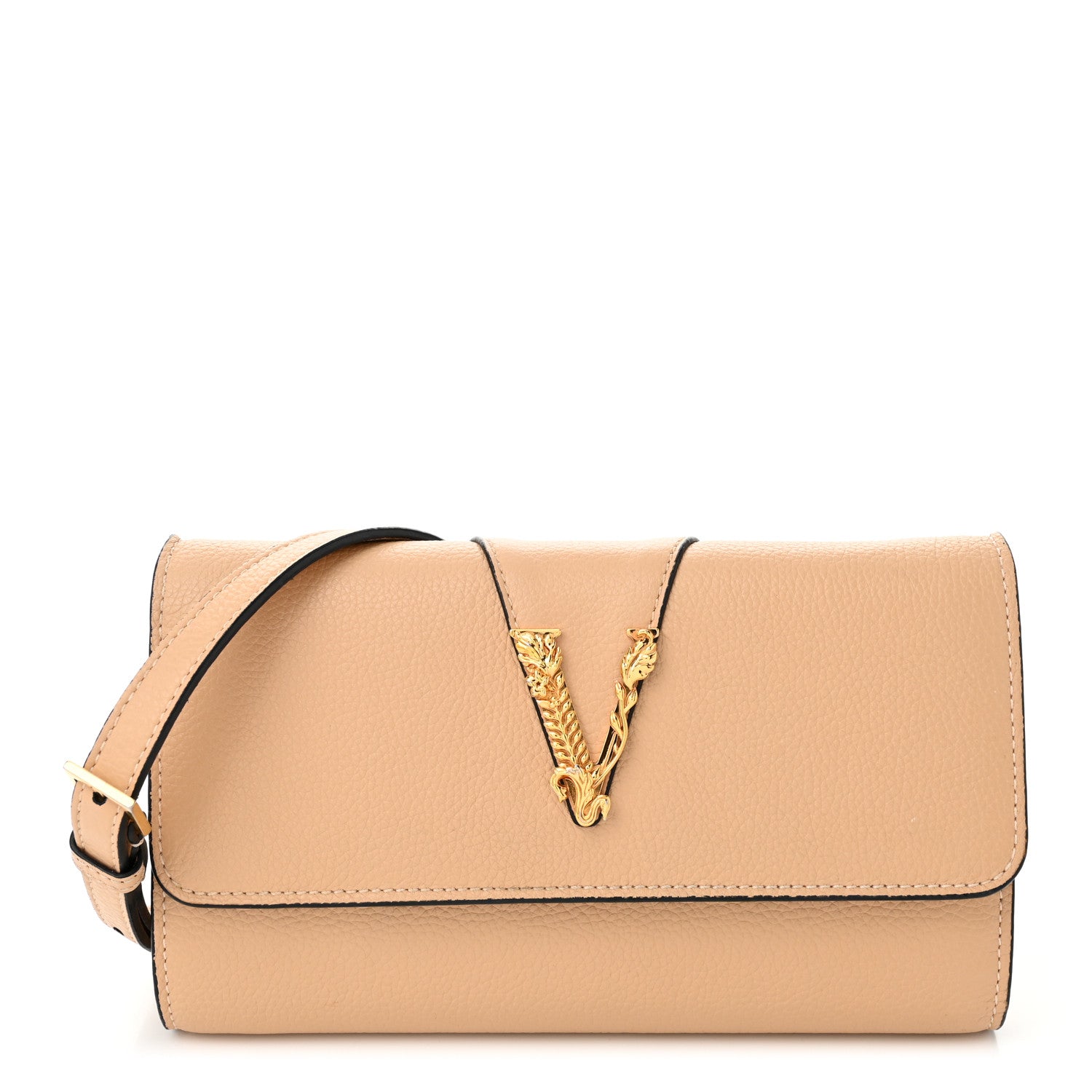 Versace Grained Calfskin Virtus Wallet On Chain Beige 1 of 11