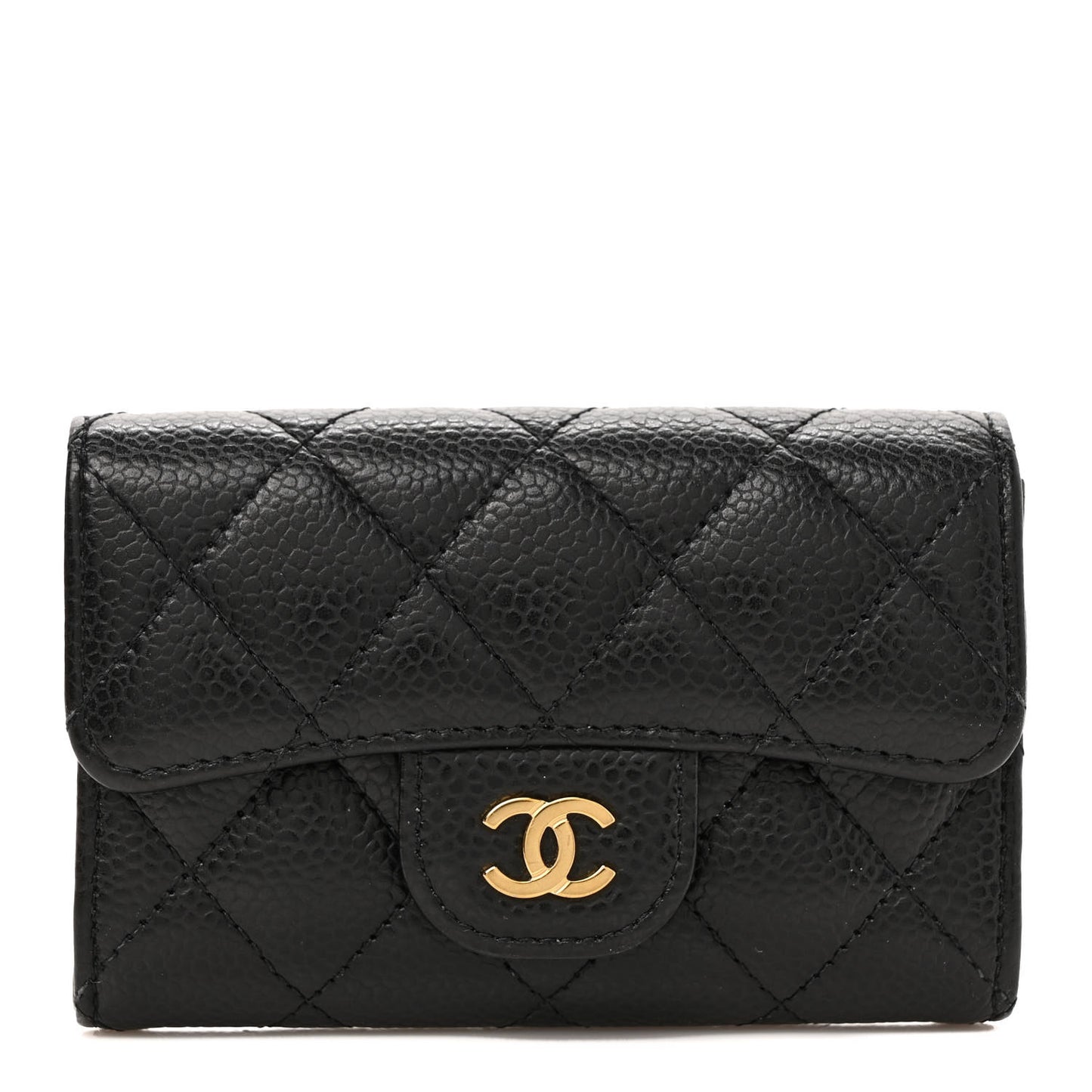 Caviar Quilted Flap Card Holder Wallet Black