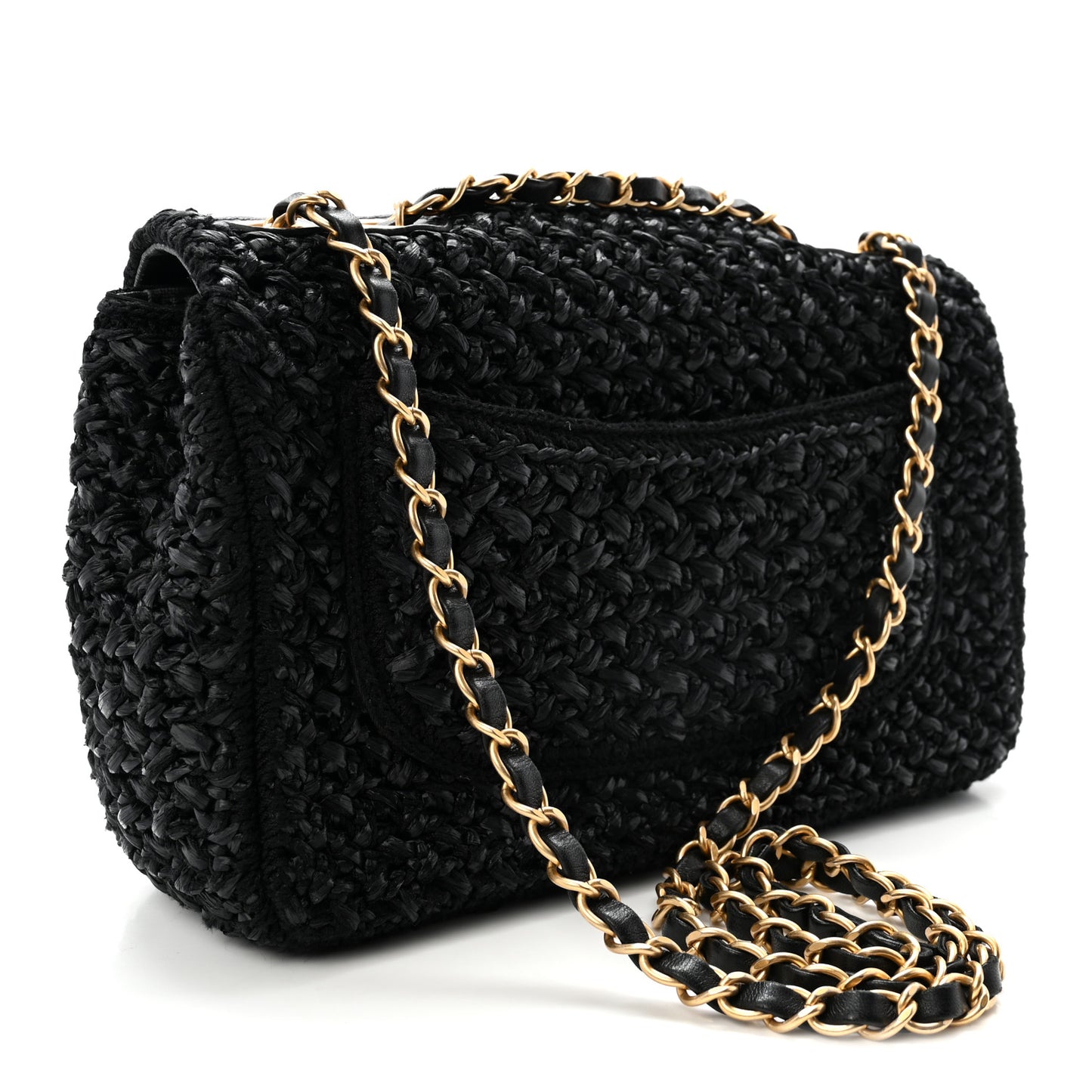 Raffia Crochet Paris Greece Medium Flap Bag Black