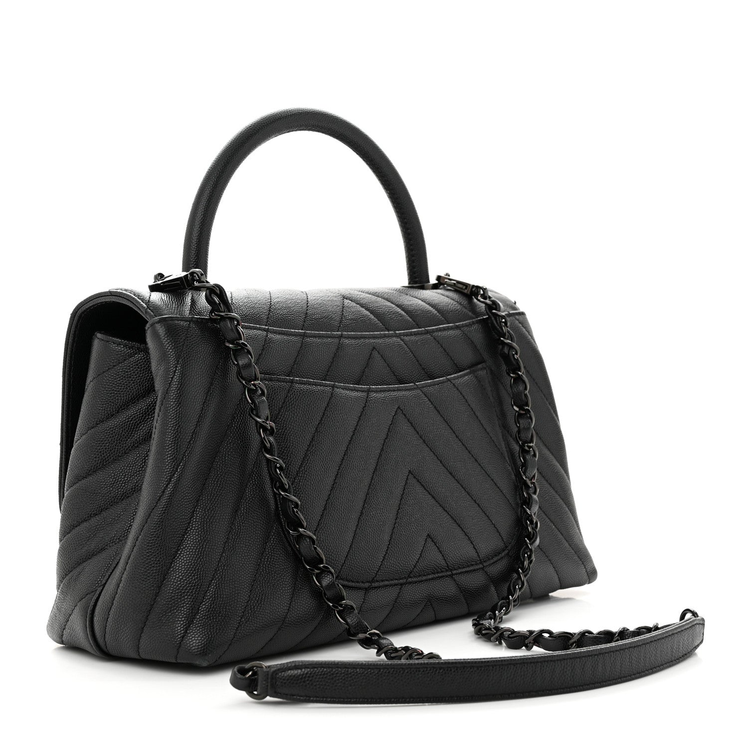 Chanel Caviar Chevron Quilted Small Coco Handle Flap So Black 3 of 14