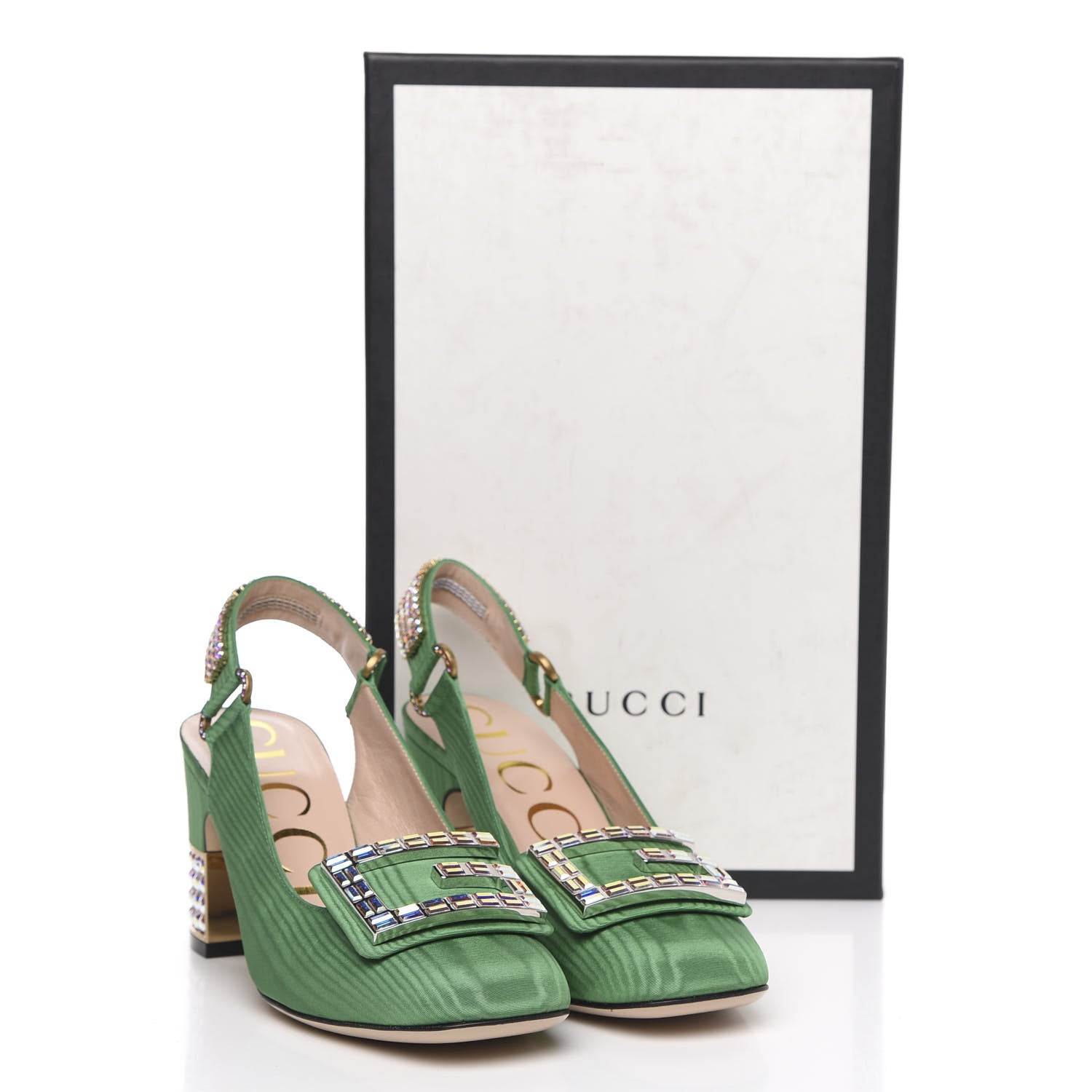 Gucci Moire Fabric Crystal Square G Madelyn Slingbacks 36 New Shamarock 10 of 10