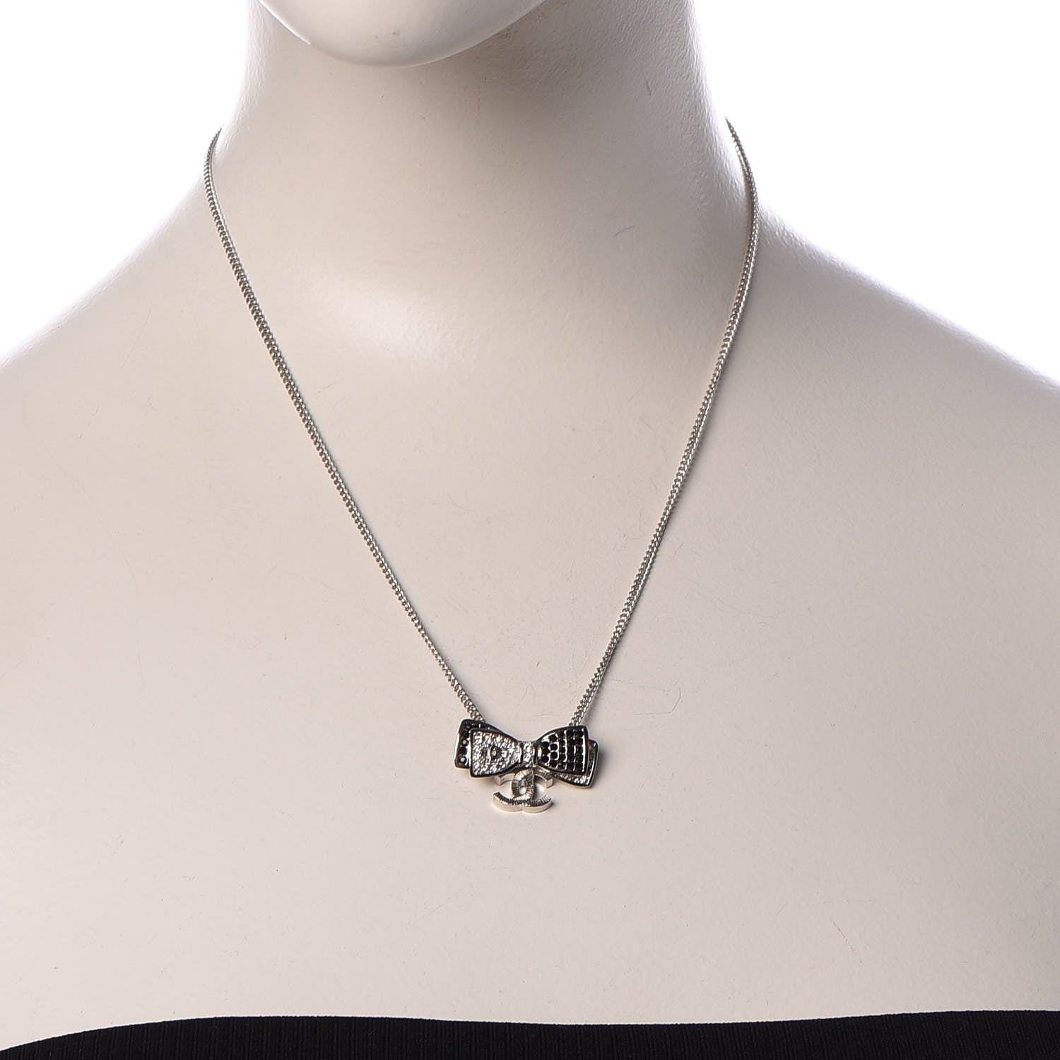 Chanel Crystal CC Bow Necklace Silver Black 2 of 6