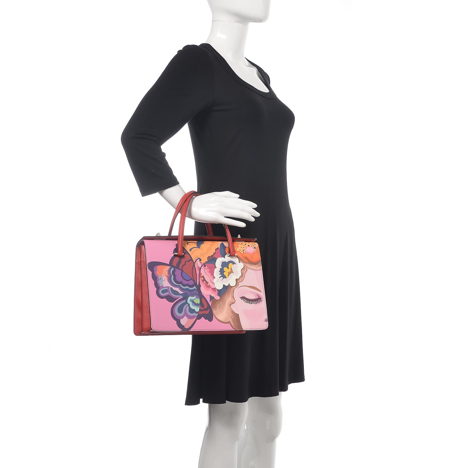 Prada Saffiano Butterfly Print Satchel Rosso Multicolor 2 of 9
