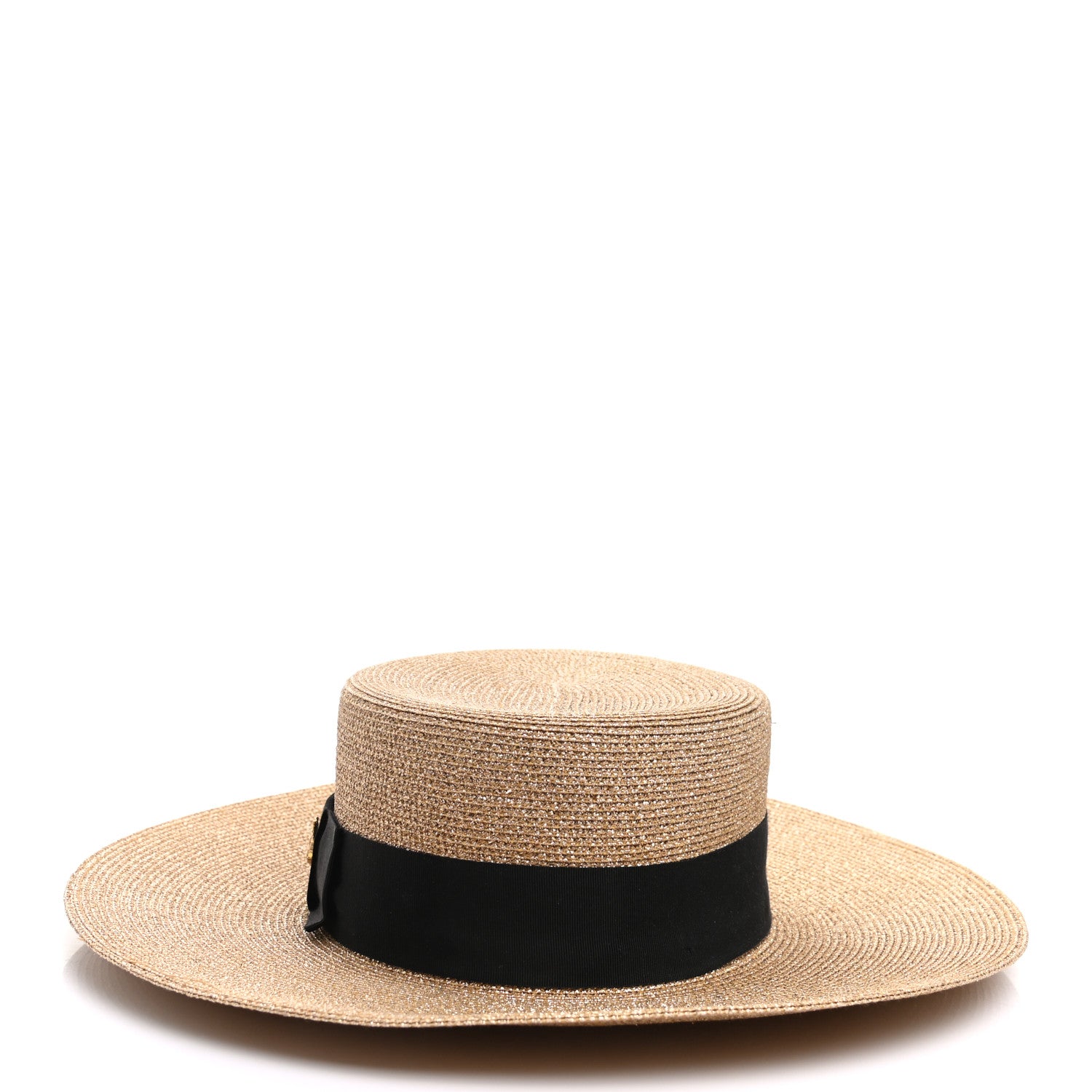 Gucci Glittered Straw Grosgrain Wide Brim Hat S Gold Black 3 of 12