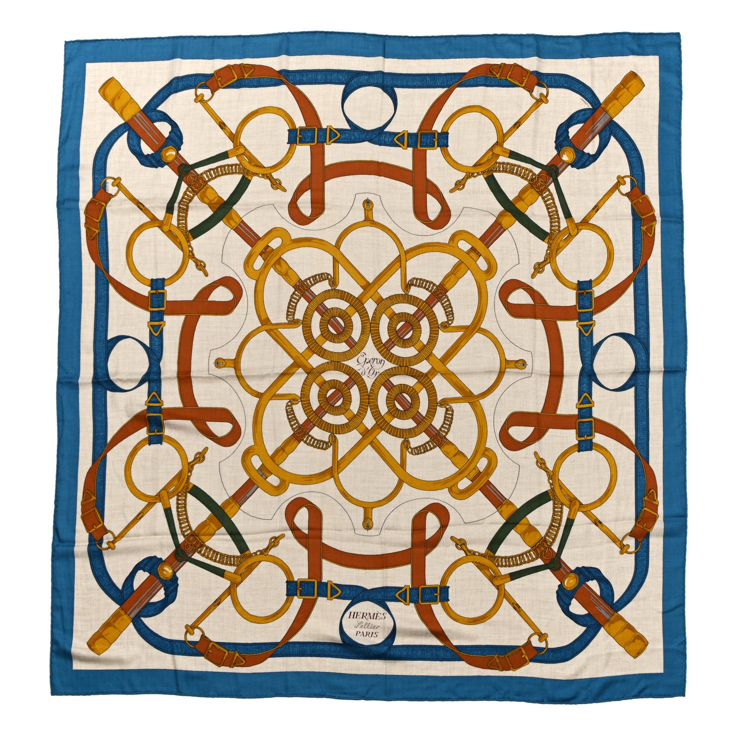 Hermes Cashmere Silk Eperon Eperon D'Or Shawl 140 Bleu Cobalt Naturel Vieil Or 1 of 5