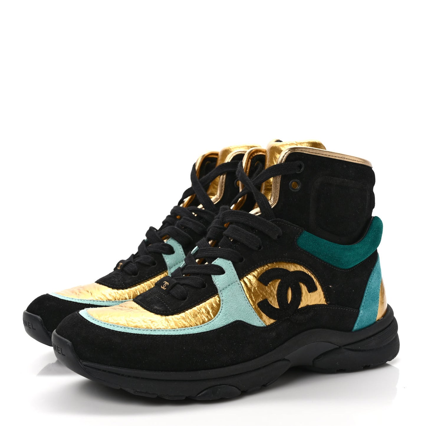 Suede Calfskin Fabric CC High Top Sneakers 40 Black Turquoise Gold