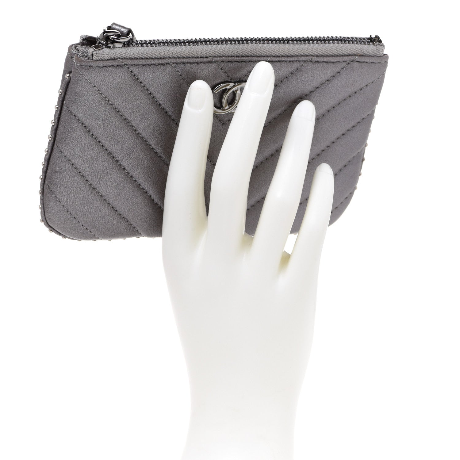 Chanel Lambskin Chevron Quilted Studded Small Cosmetic Case Grey 2 of 7