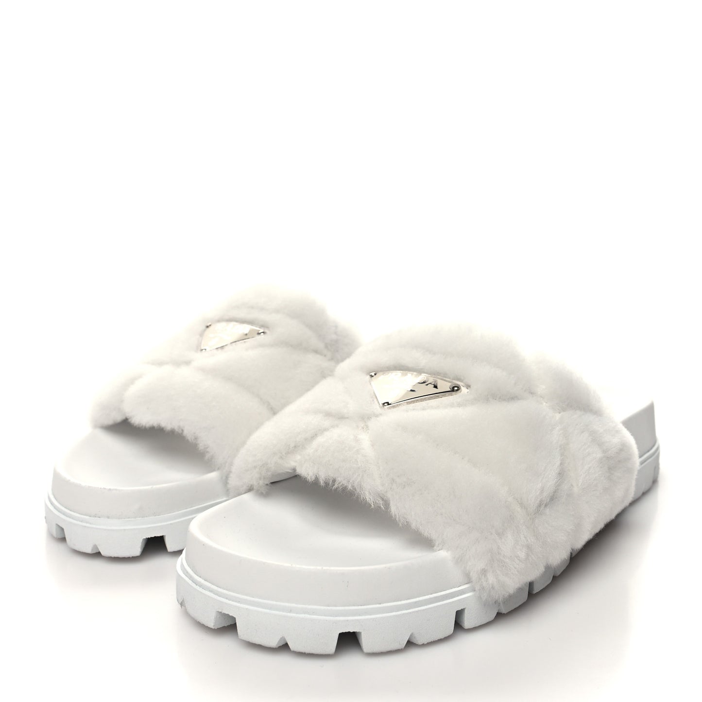 Shearling Metal Triangle Logo Lug Sole 20mm Slide Sandals 37.5 White