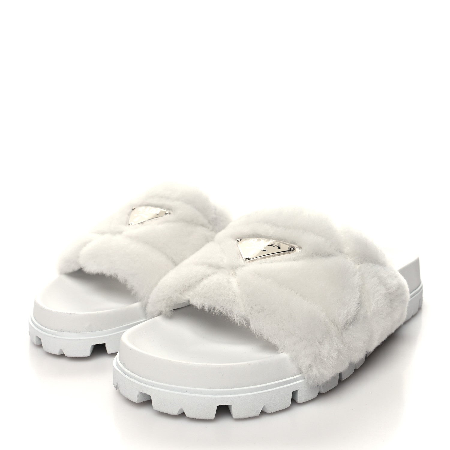 Prada Shearling Metal Triangle Logo Lug Sole 20mm Slide Sandals 37.5 White 3 of 9
