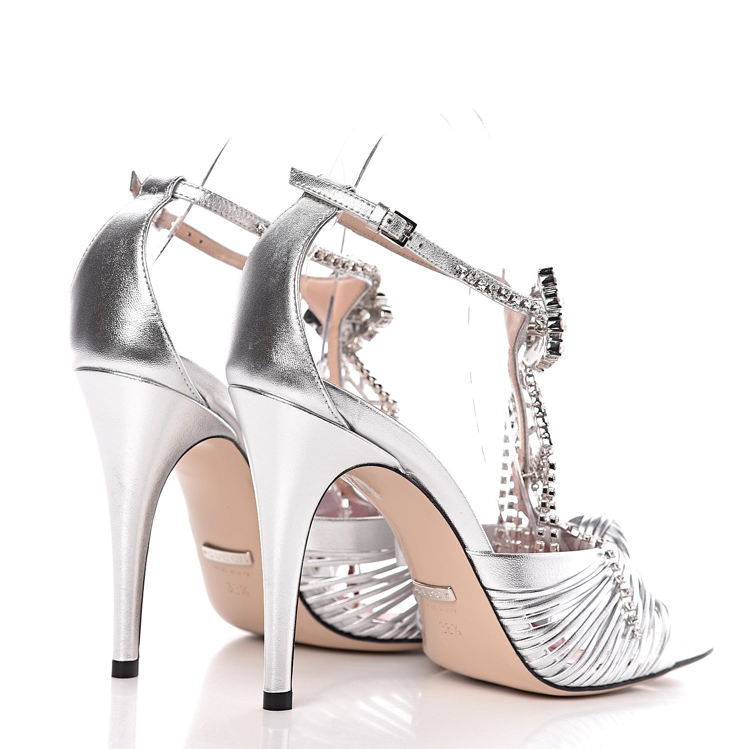 Gucci Metallic Nappa Crystal Crawford Strap High Heel Sandals 38.5 Silver 4 of 12