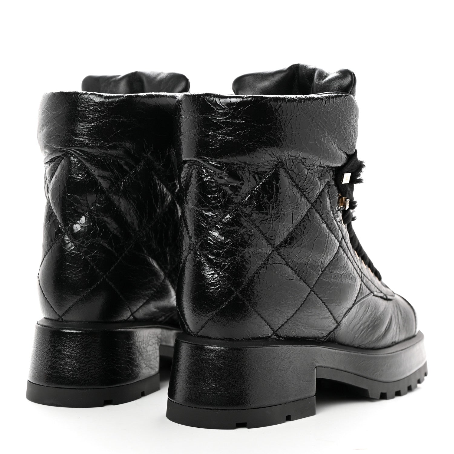 Chanel Crumpled Patent Lambskin Calfskin Quilted Lace Up Combat Boots 36.5 Black 4 of 10