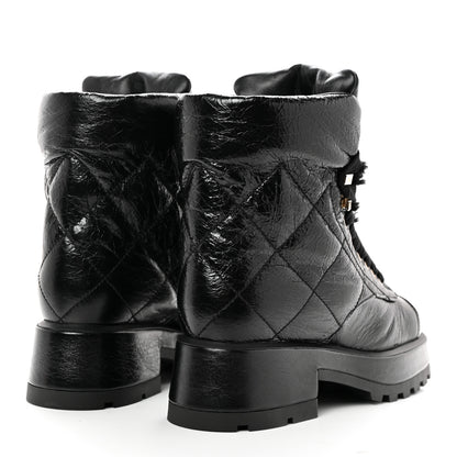Chanel Crumpled Patent Lambskin Calfskin Quilted Lace Up Combat Boots 36.5 Black 4 of 10