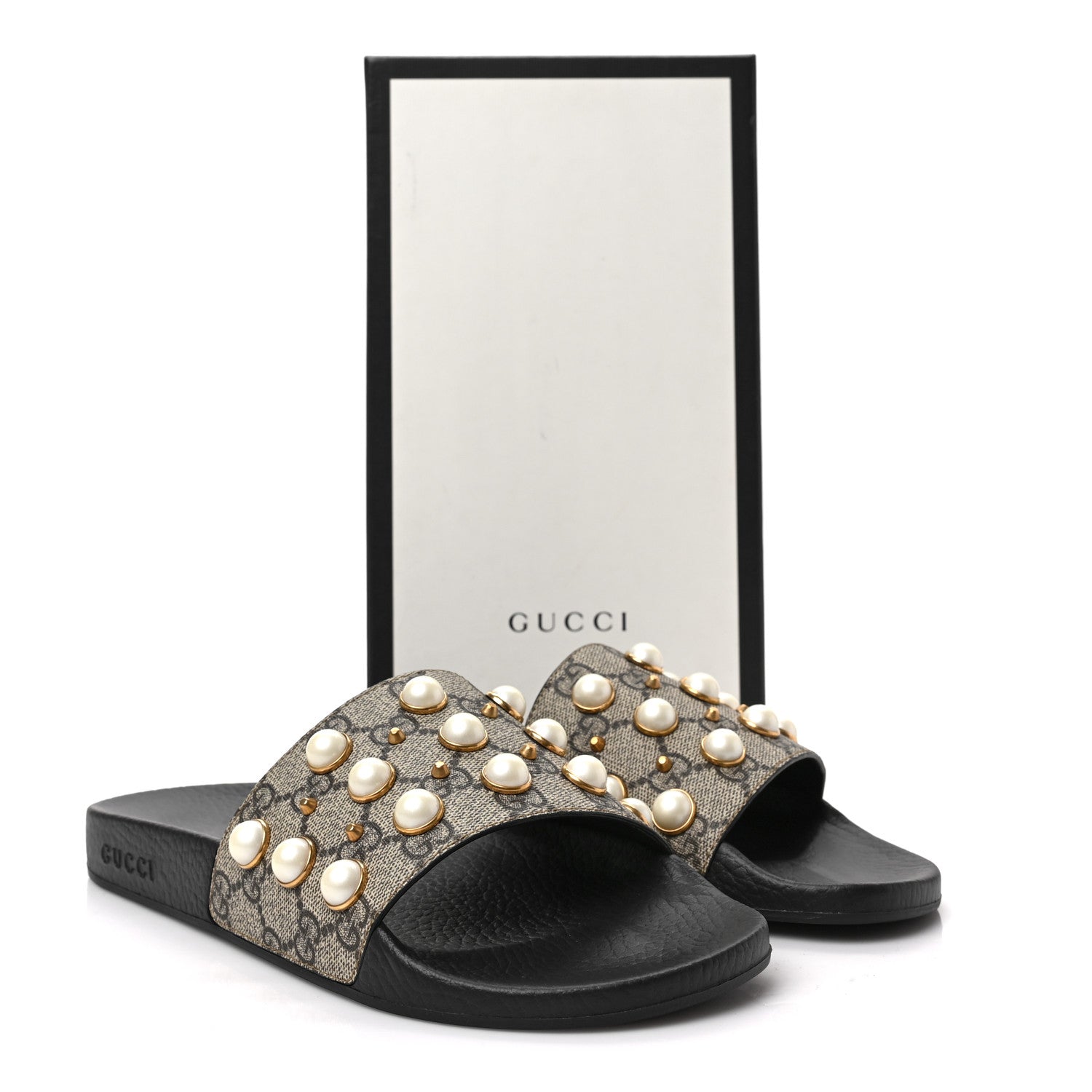 Gucci GG Supreme Monogram Pearls Slide Sandals 41 Beige 7 of 7