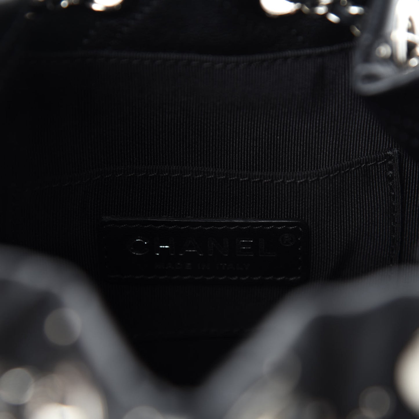 Calfskin Studded Chevron Quilted Stud Wars Drawstring Bag Black