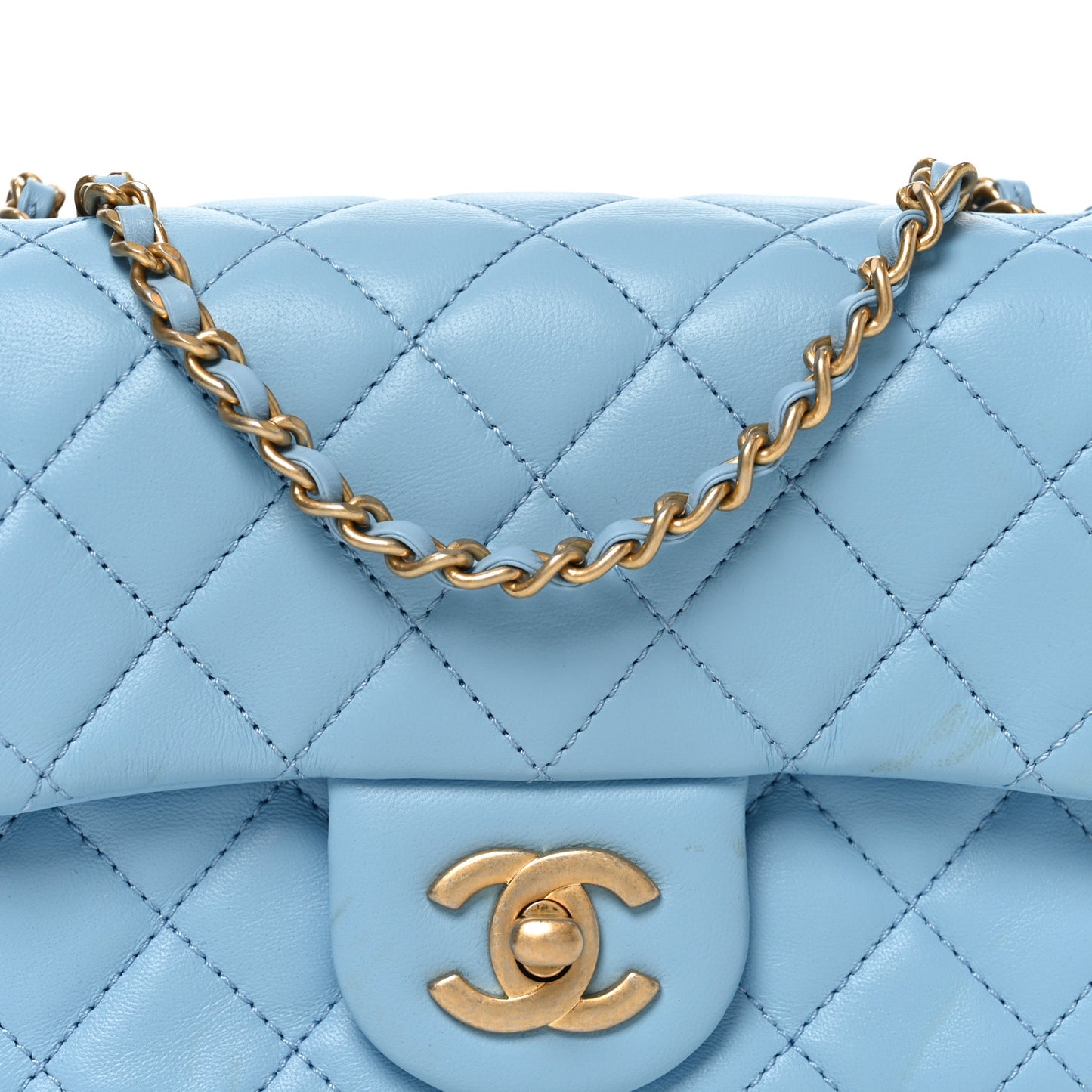 Lambskin Quilted Mini Pearl Crush Flap Light Blue