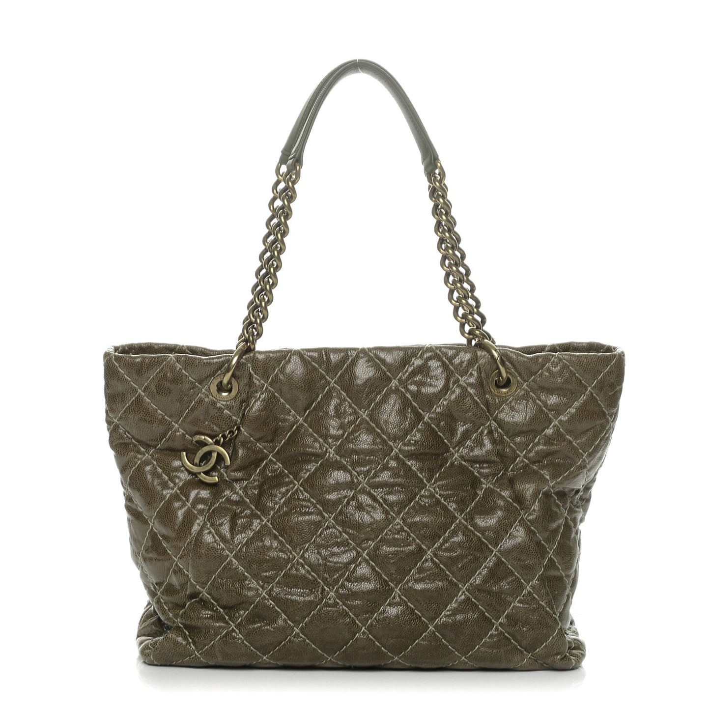 Crumpled Grained Calfskin Large Coco Pleats Tote Khaki
