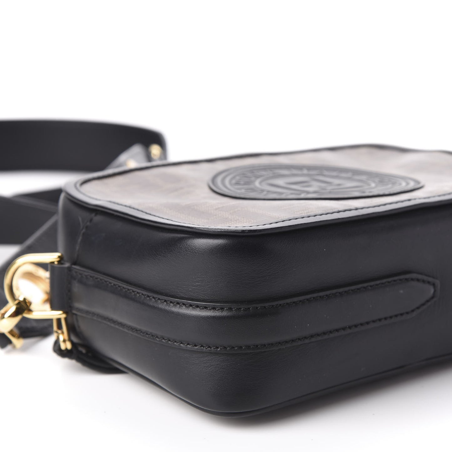Glazed Fabric Vitello Century F is Fendi FF 1974 Stamp Patch Camera Case Mogano Panna Black