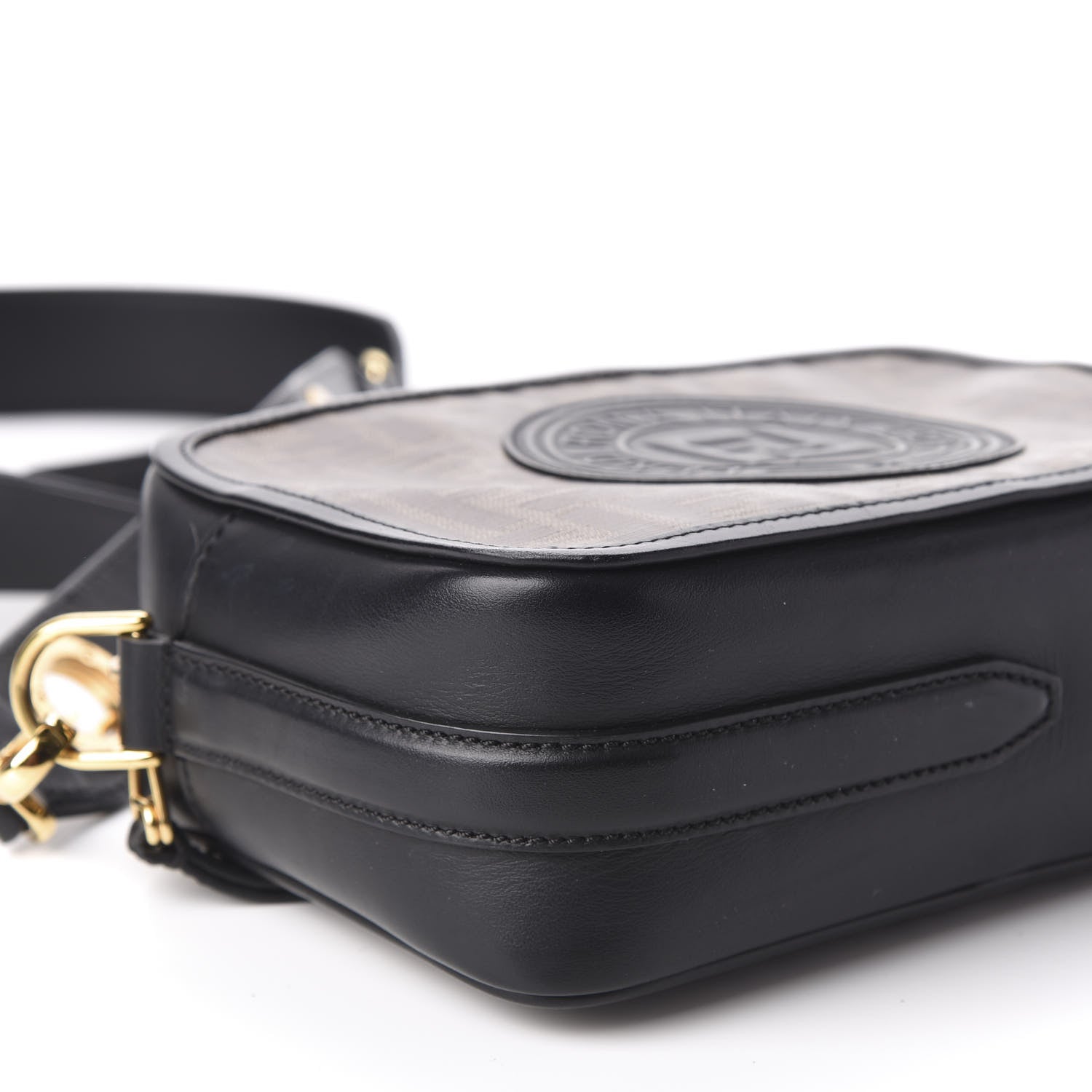 Fendi Glazed Fabric Vitello Century F is Fendi FF 1974 Stamp Patch Camera Case Mogano Panna Black 6 of 12
