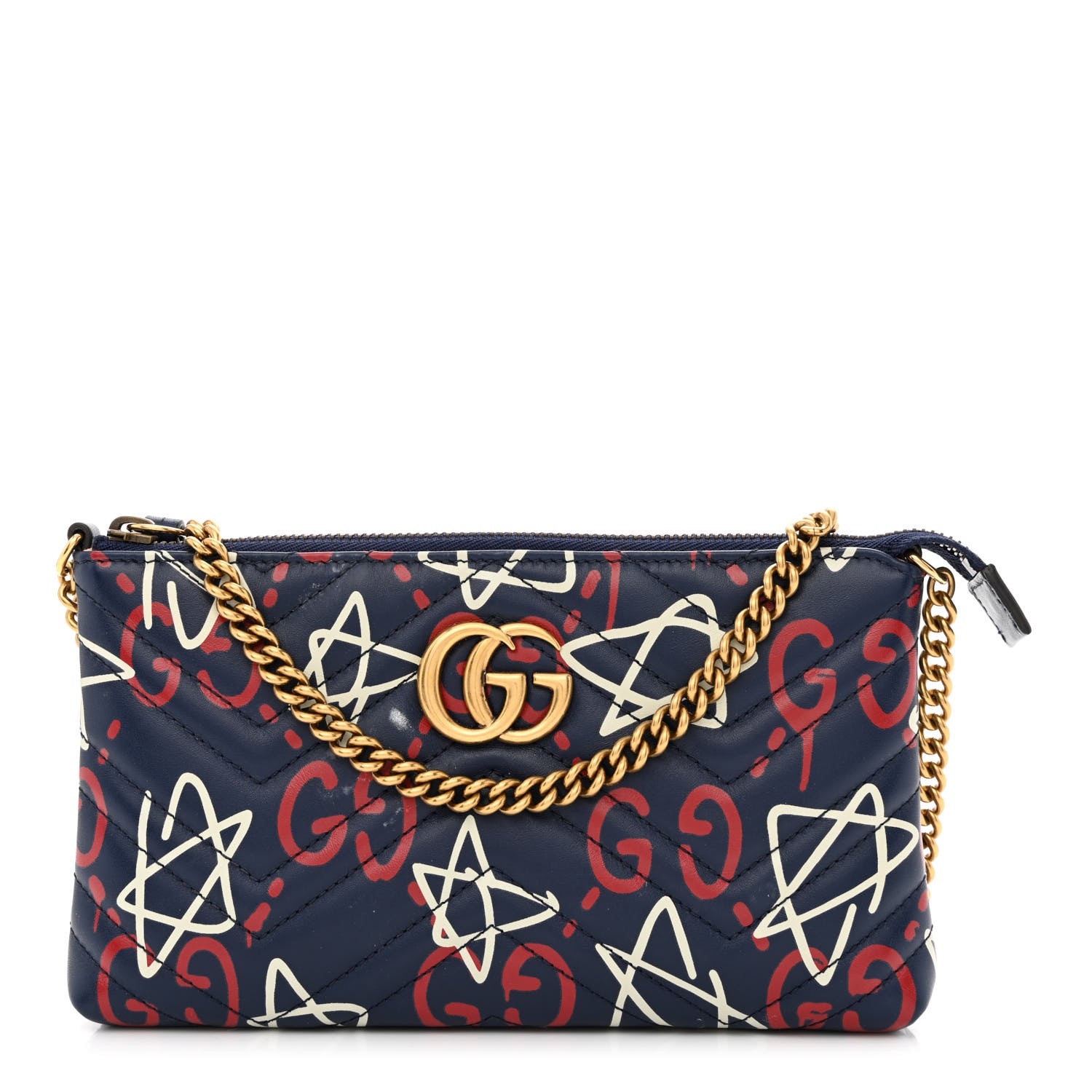 Gucci Calfskin Matelasse GucciGhost Mini GG Marmont Chain Bag Blue Agata Hibiscus Red 1 of 13