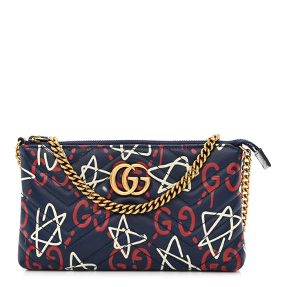 Gucci Calfskin Matelasse GucciGhost Mini GG Marmont Chain Bag Blue Agata Hibiscus Red 1 of 13