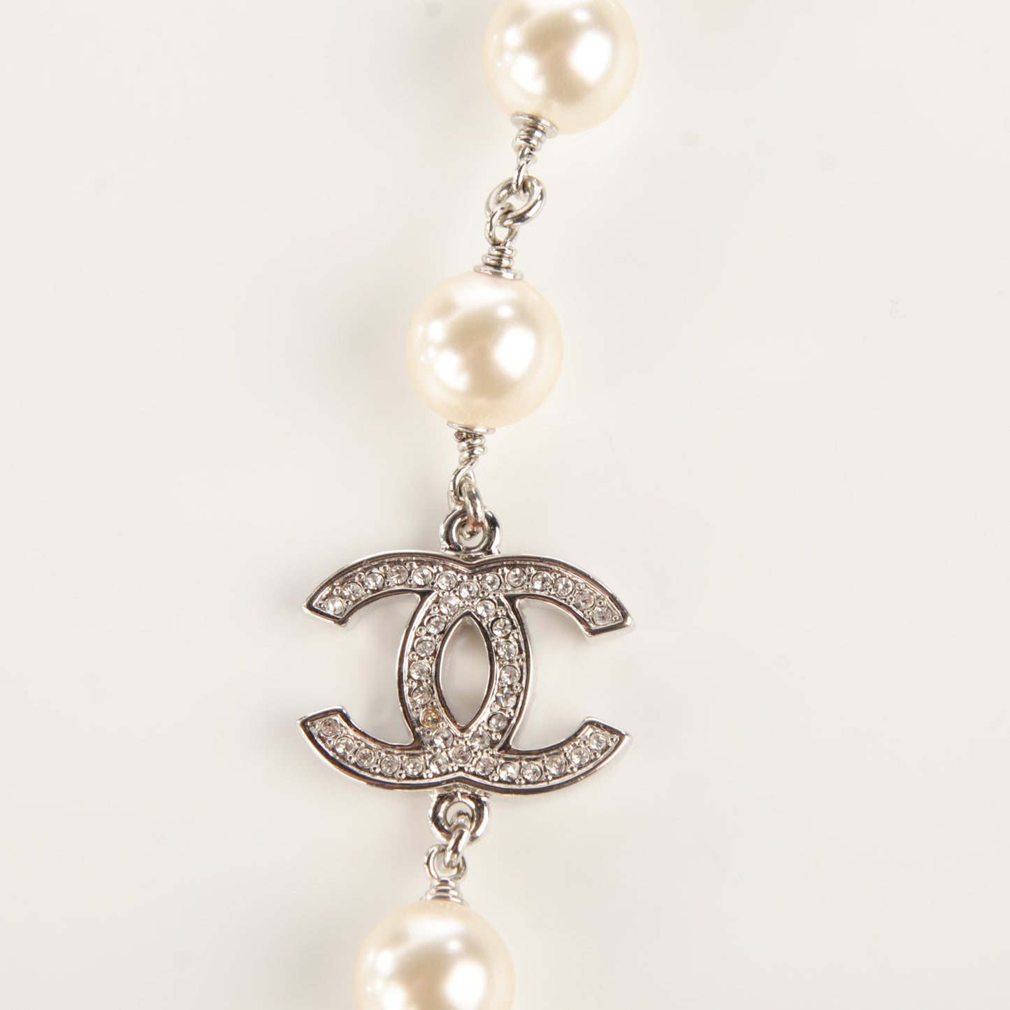 Crystal Pearl CC Long Necklace Silver