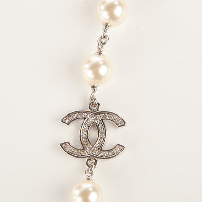 Chanel Crystal Pearl CC Long Necklace Silver 7 of 7