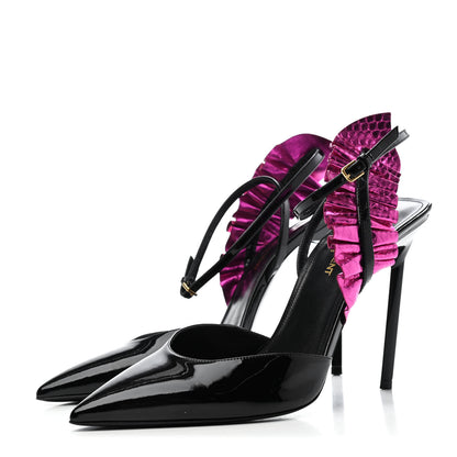 Saint Laurent Patent Calfskin Ayers Edie 110 Leaf Slingback Pumps 39.5 Black Fuschia 3 of 4