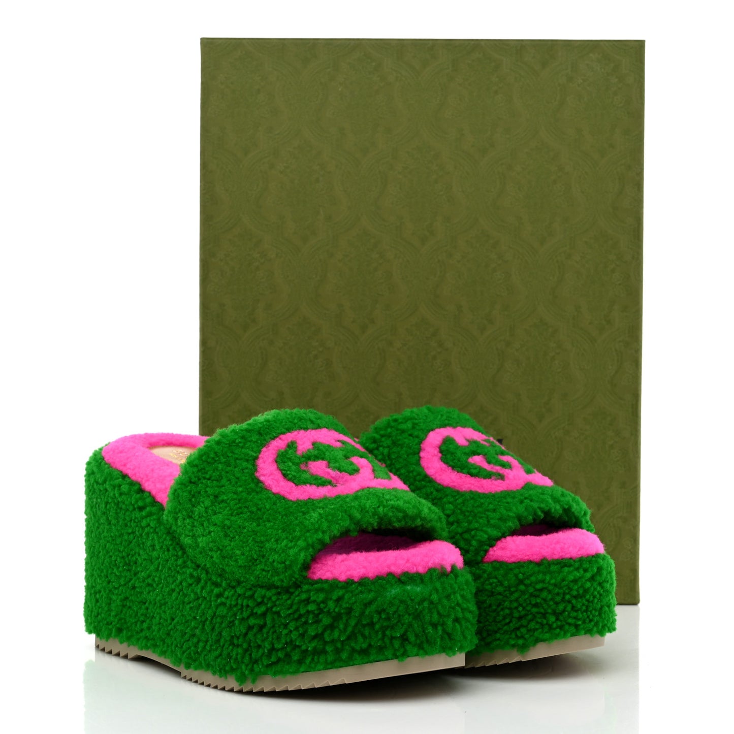 Shearling Interlocking G Womens Elea Platform Slide Wedge Sandals 38.5 Green Fluo Fuxia Fluo