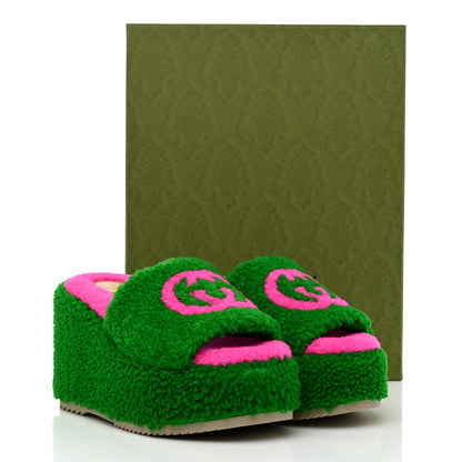 Gucci Shearling Interlocking G Womens Elea Platform Slide Wedge Sandals 38.5 Green Fluo Fuxia Fluo 10 of 10