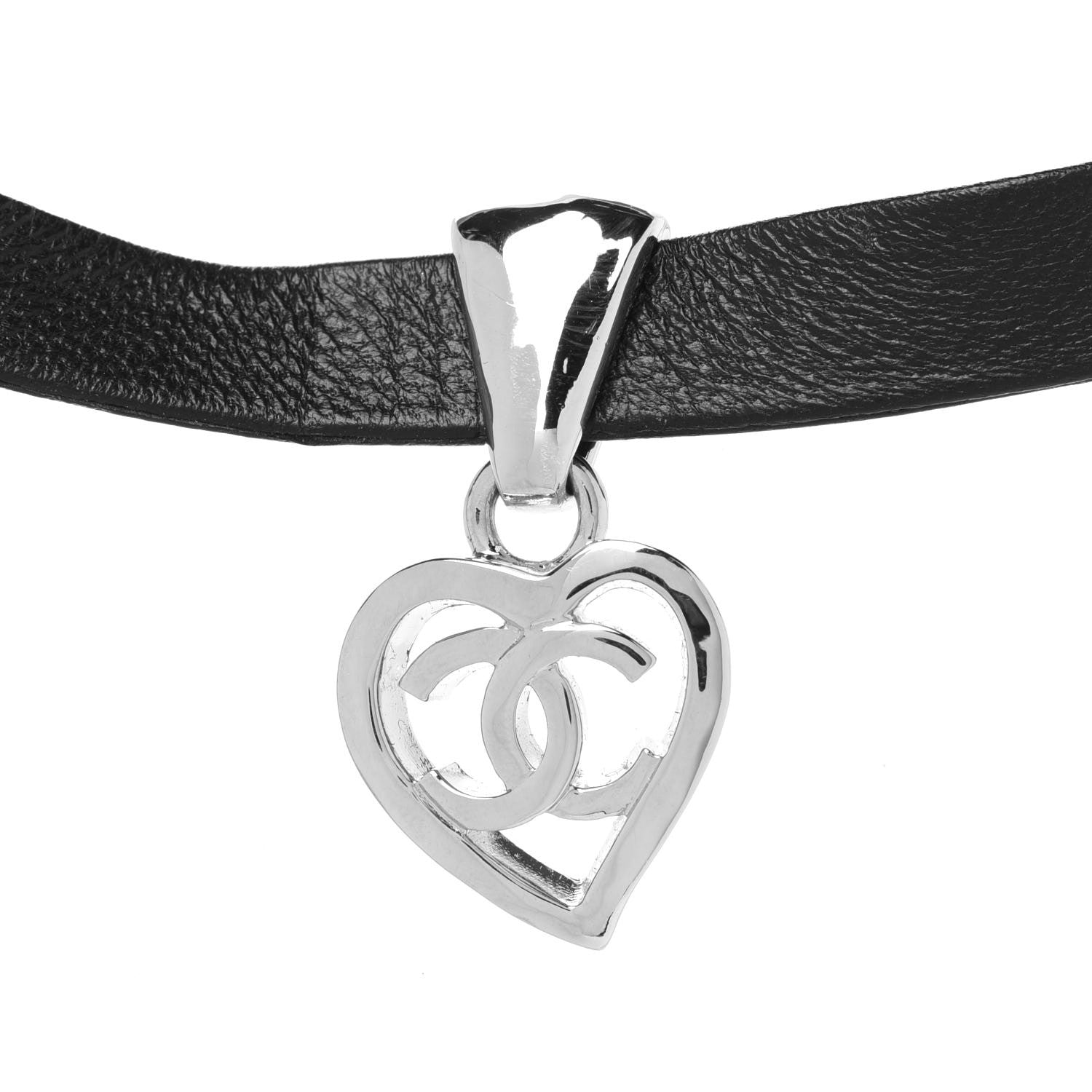 Chanel Metal Lambskin CC Heart Choker Necklace Black Silver 4 of 6