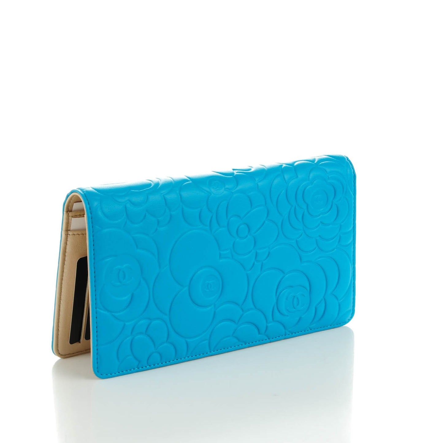 Lambskin Camellia Embossed Yen Wallet Turquoise