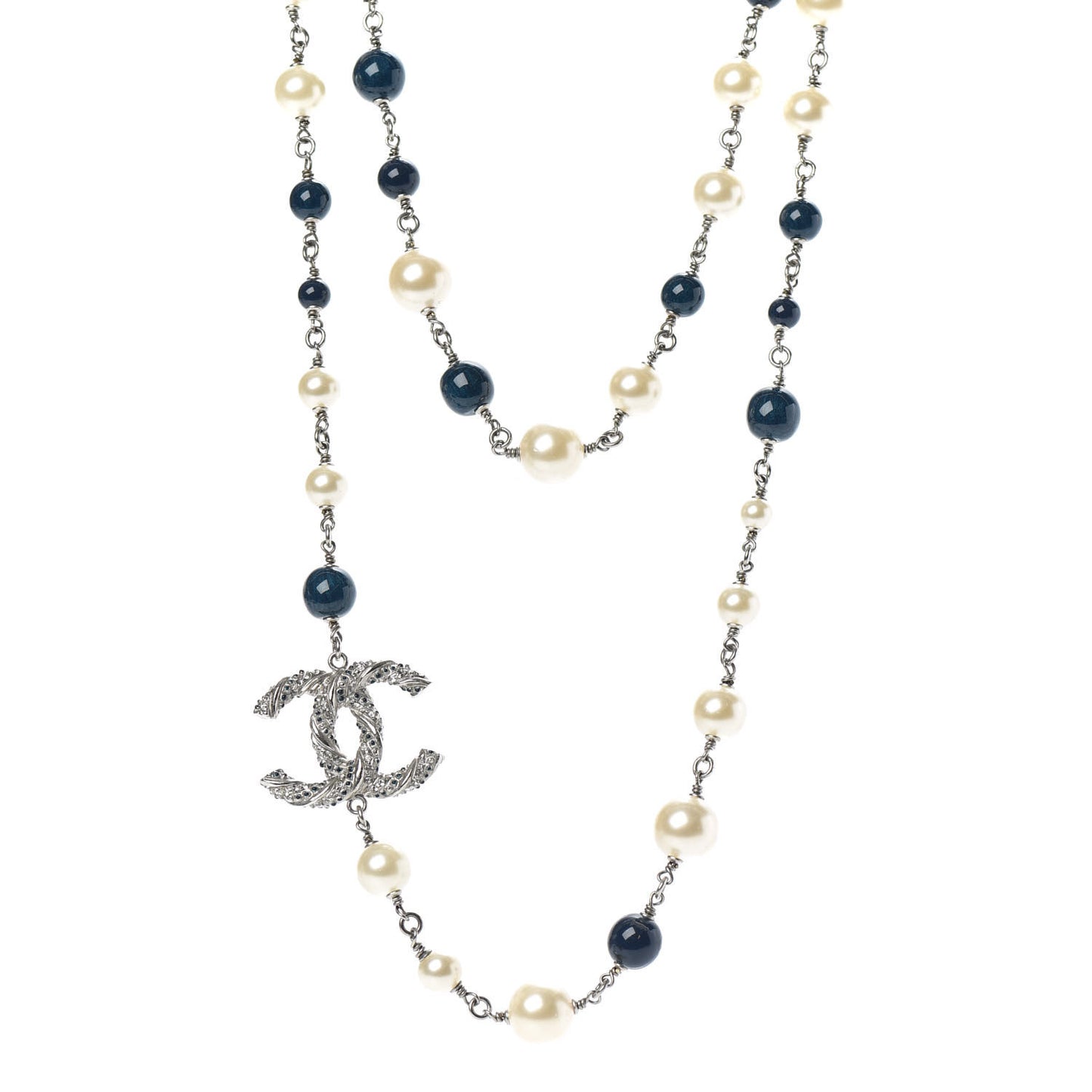 Pearl Bead CC Long Necklace Blue Silver