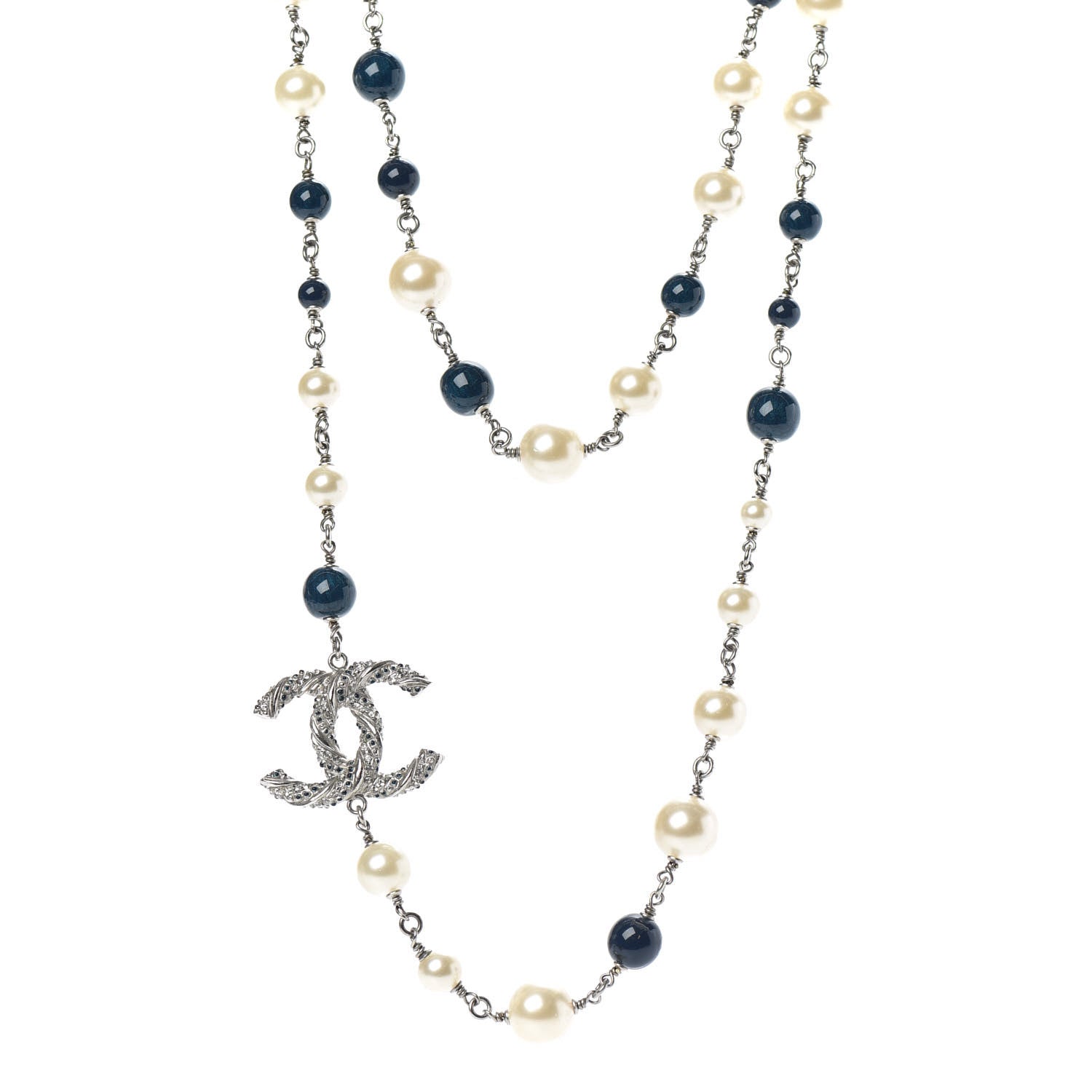 Chanel Pearl Bead CC Long Necklace Blue Silver 1 of 6