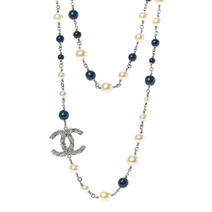 Chanel Pearl Bead CC Long Necklace Blue Silver 1 of 6