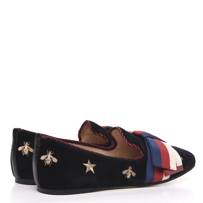 Gucci Velvet Bee Star Embroidered Sylvie Bow Loafers 36 Black 4 of 8