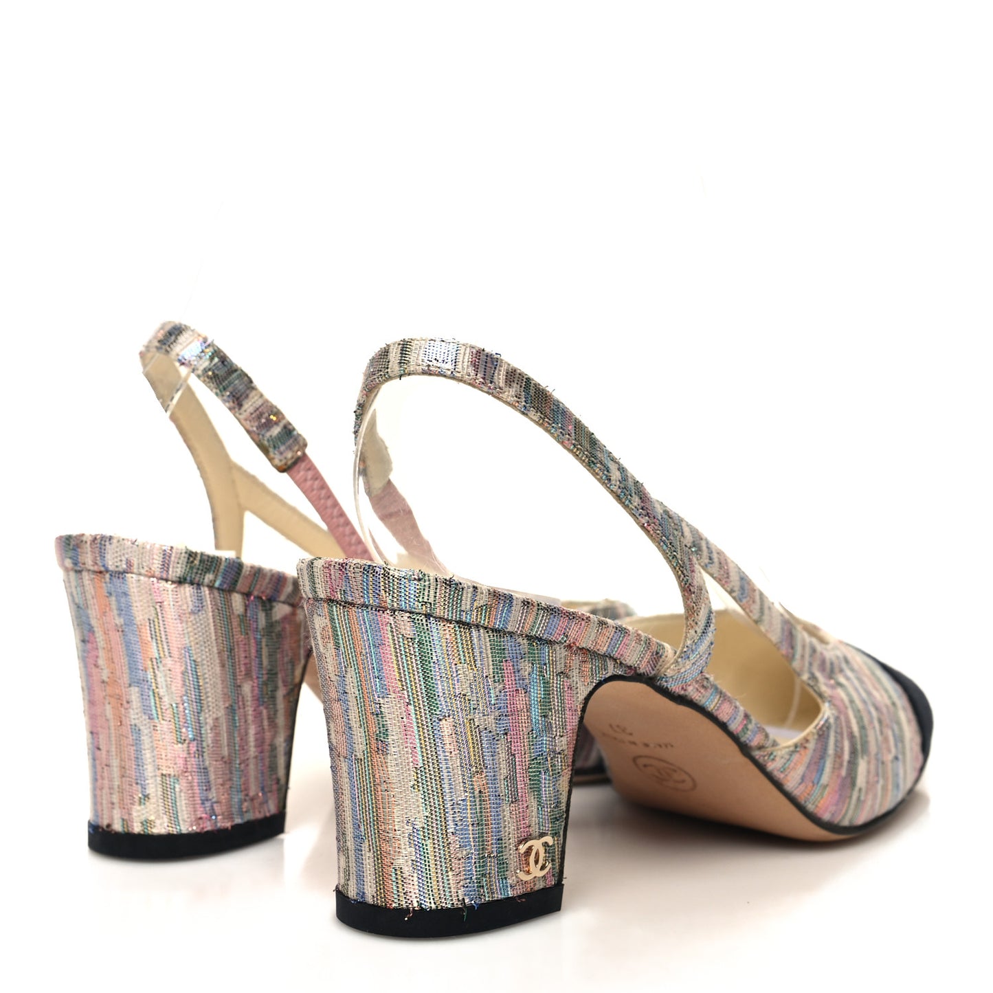 Tweed Grosgrain Cap Toe CC Slingback Pumps 37 Iridescent Multicolor Black