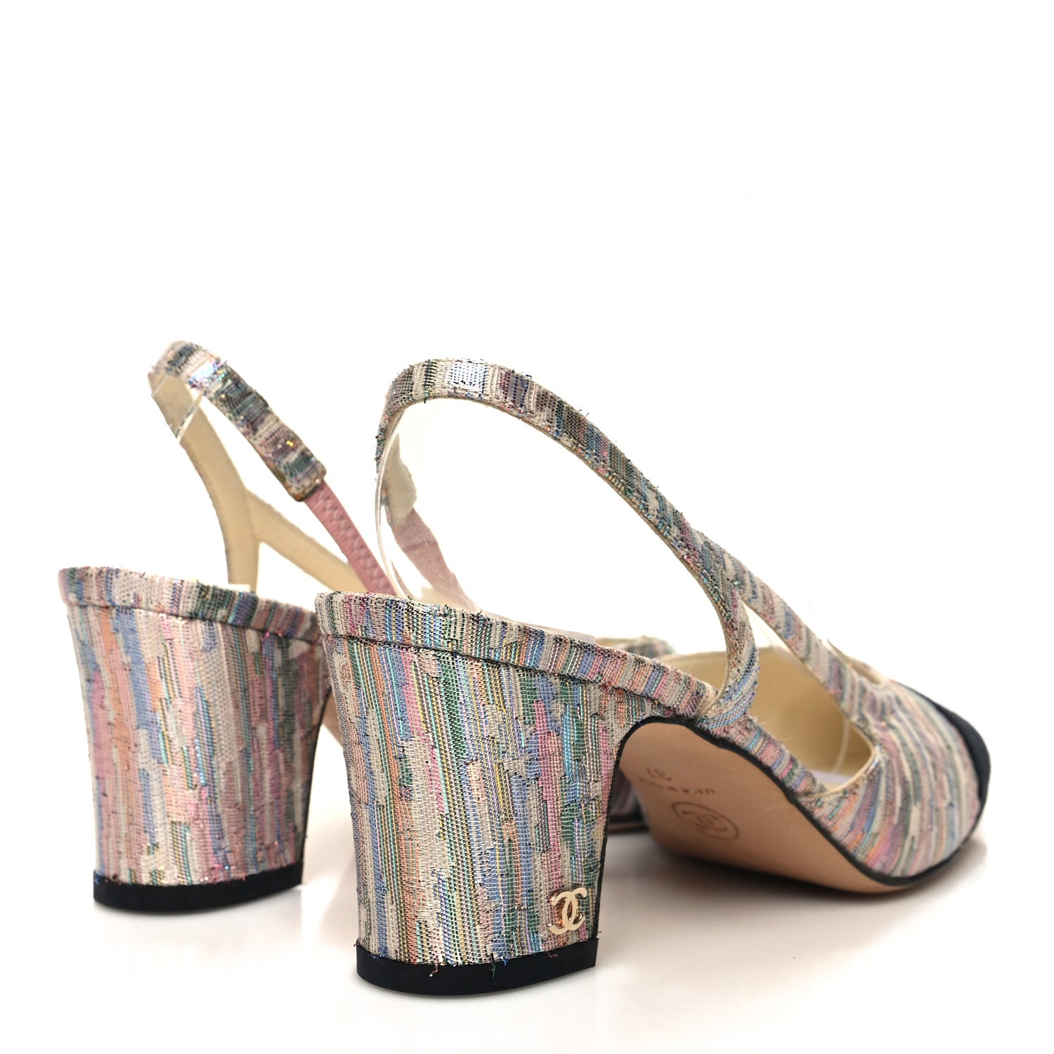 Chanel Tweed Grosgrain Cap Toe CC Slingback Pumps 37 Iridescent Multicolor Black 4 of 8