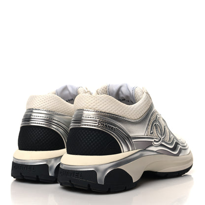 Chanel Fabric Laminated Calfskin Stretch CC Womens Sneakers 38 White Gold Silver 5 of 9