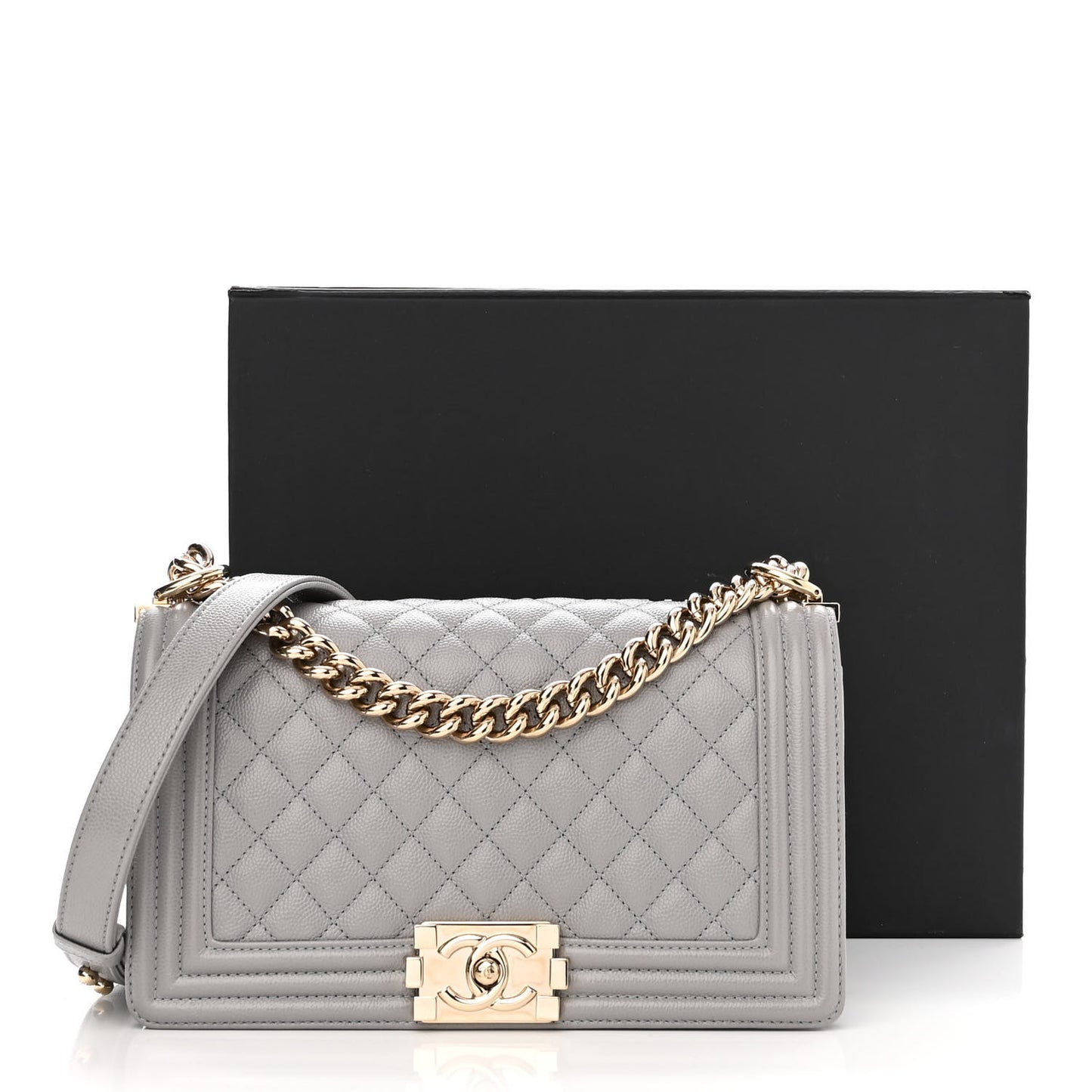 Caviar Quilted Medium Boy Flap Light Grey