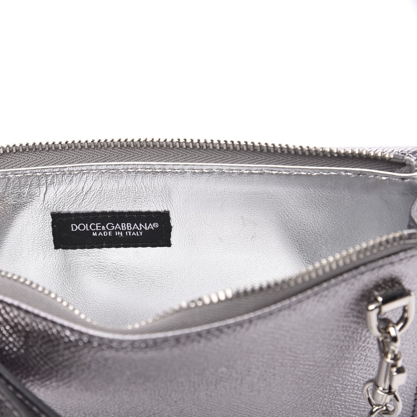 Metallic Dauphine Embellished Logo Chain Pouch Argento