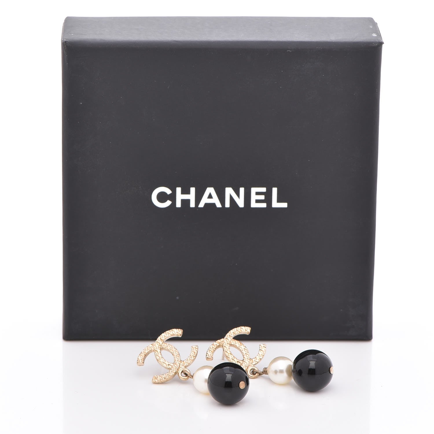 Chanel Pearl Bead CC Drop Earrings Black Gold 5 of 5