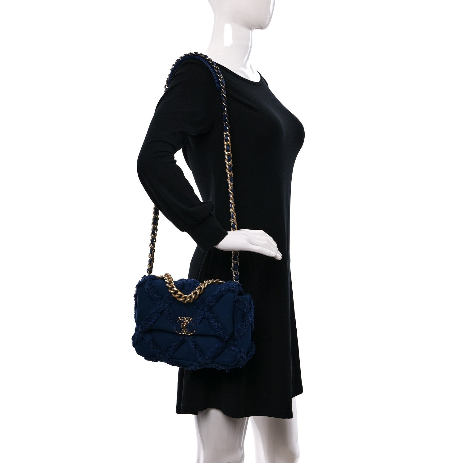 Chanel Cotton Canvas Quilted Medium Chanel 19 Flap Navy Blue 2 of 14