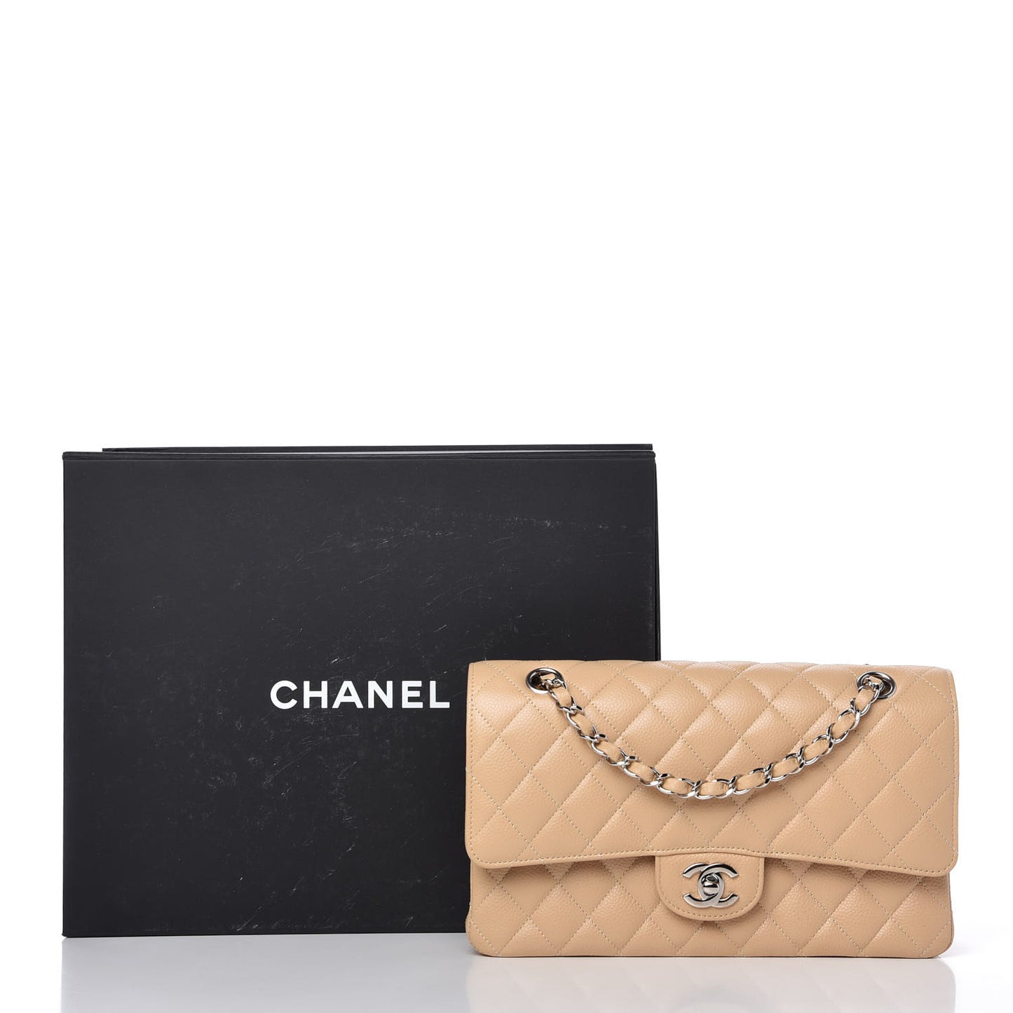 Caviar Quilted Medium Double Flap Beige