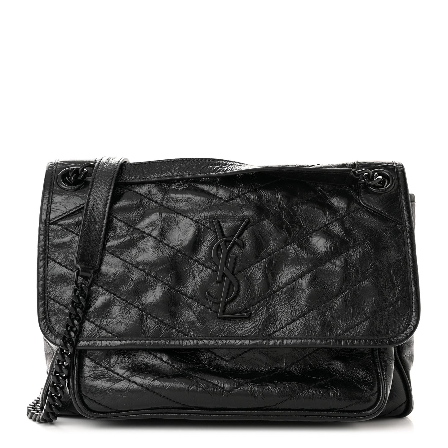 Crinkled Calfskin Matelasse Monogram Medium Niki Chain Satchel Black